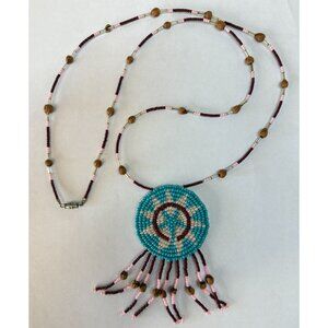 Native American Seed Bead Handmade Medallion Necklace Leather Back Star Sundial